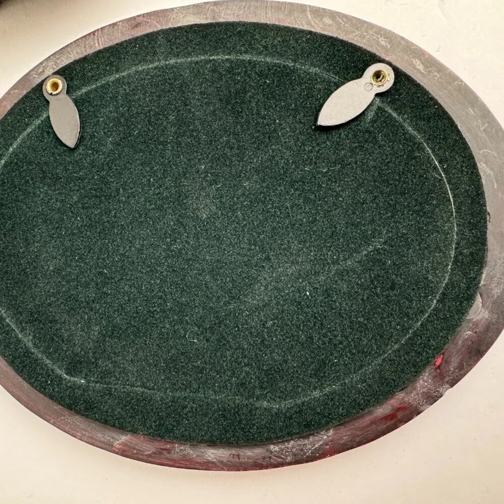 Vintage  Wooden Oval  Jewelry Box  Lid - Picture Frame Green Velvet